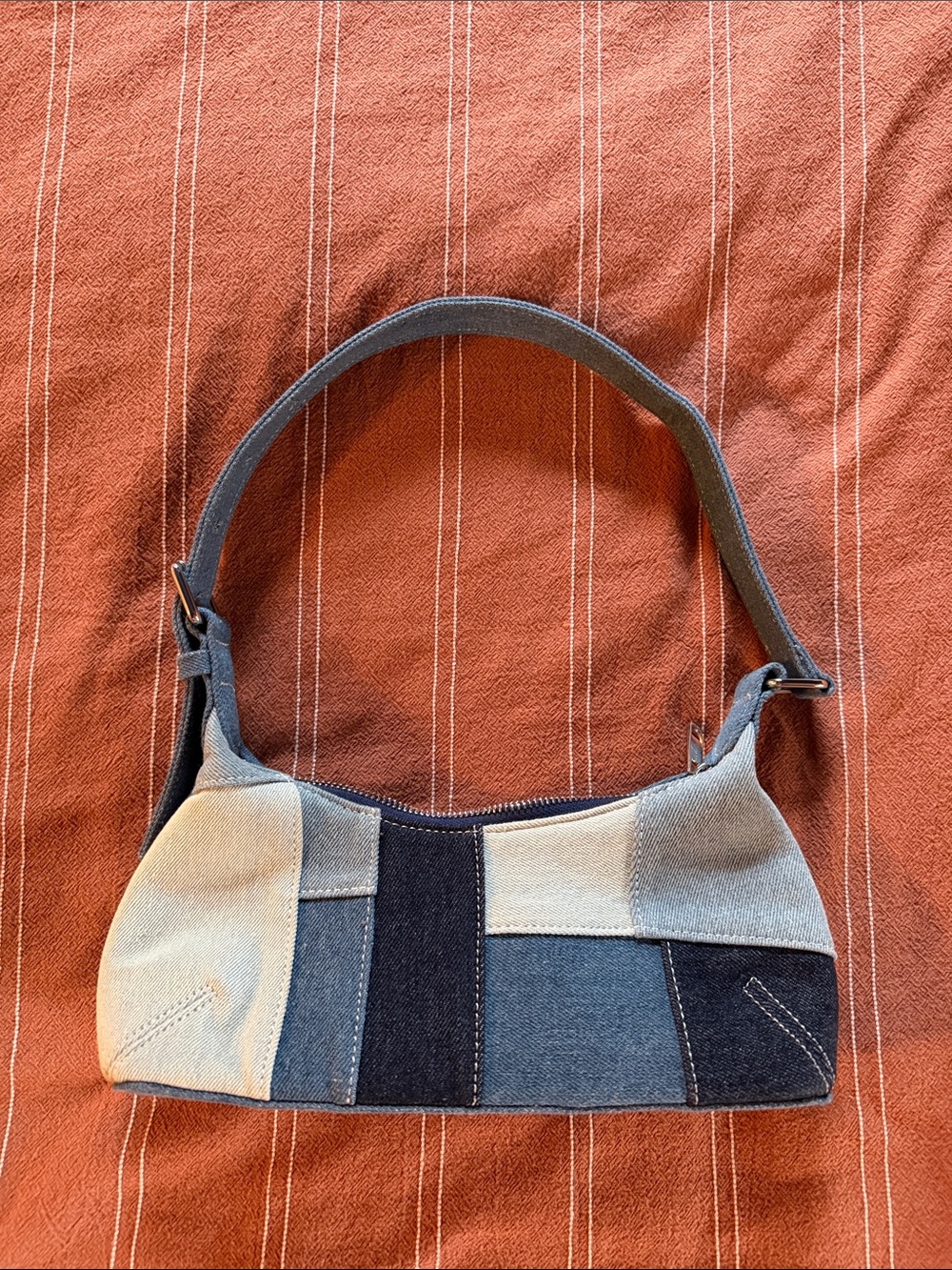 AKIRA Patchwork Denim Shoulder Bag in Light & Dark Blue